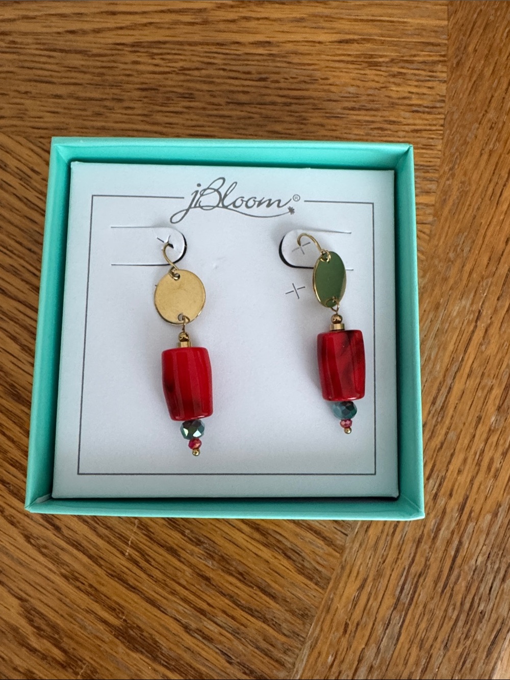 bloom jewelry Red Bead Drop Dangle Earrings with Gold Circle Accents